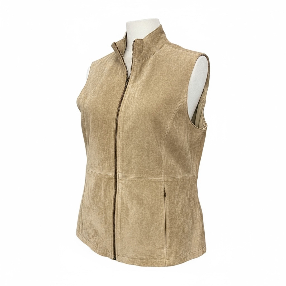Ruff Hewn Vintage Leather Vest, Large, Beige, Full Zip Front, Classic Style